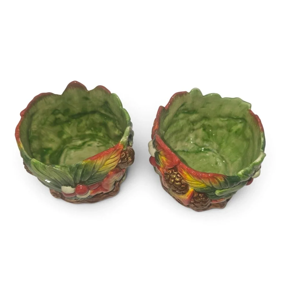 Fitz and Floyd Home Fragrance Ceramic Autumn Leaf Pinecone Votive Holders Set 2